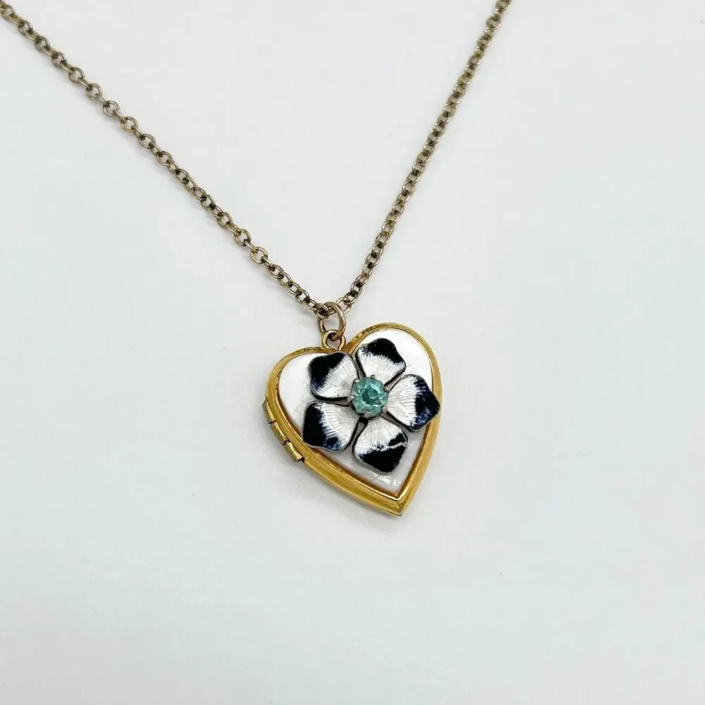 Vintage Locket Enamel Heart Rhinestone Flower Gold Tone Necklace Art Deco Floral